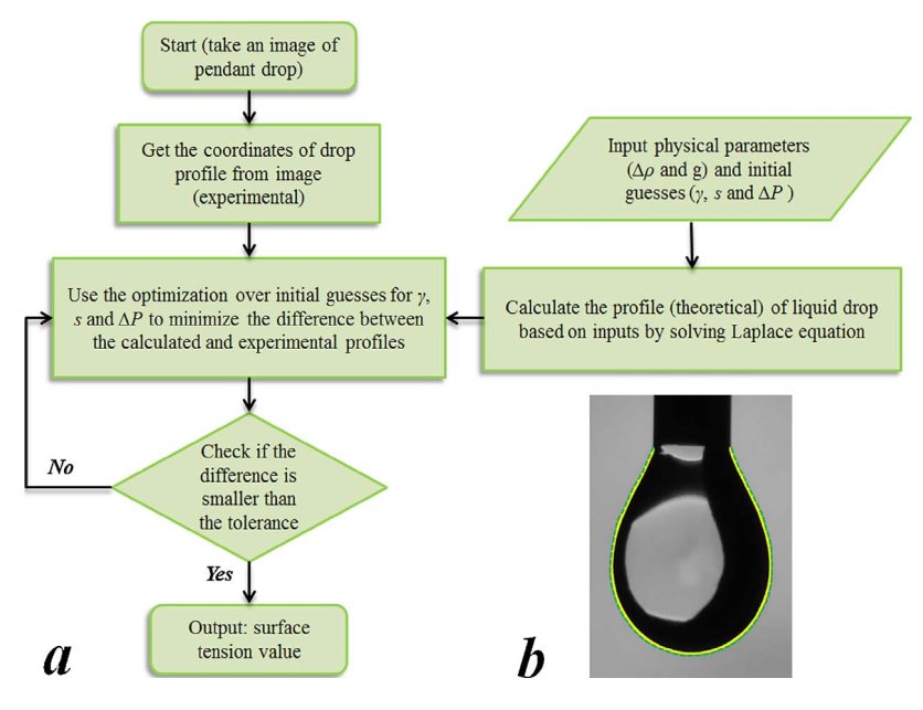 Surface Tension Measurement (a) Flow chart describing the principle of using axisymmetric drop shape analysis method to find the surface tension of liquids. (b) Schematic of the experimental (yellow) and theoretical (green) drop profiles. (For interpretation of the references to colour in this figure legend, the reader is referred to the web version of this article.)
