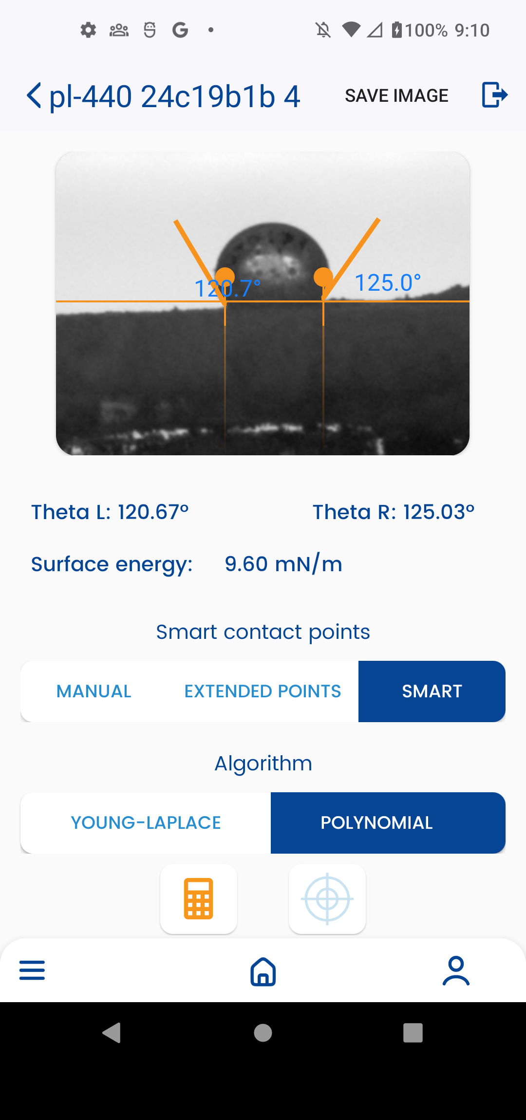 Dropometer contact angle and surface energy measurement on a powder lot