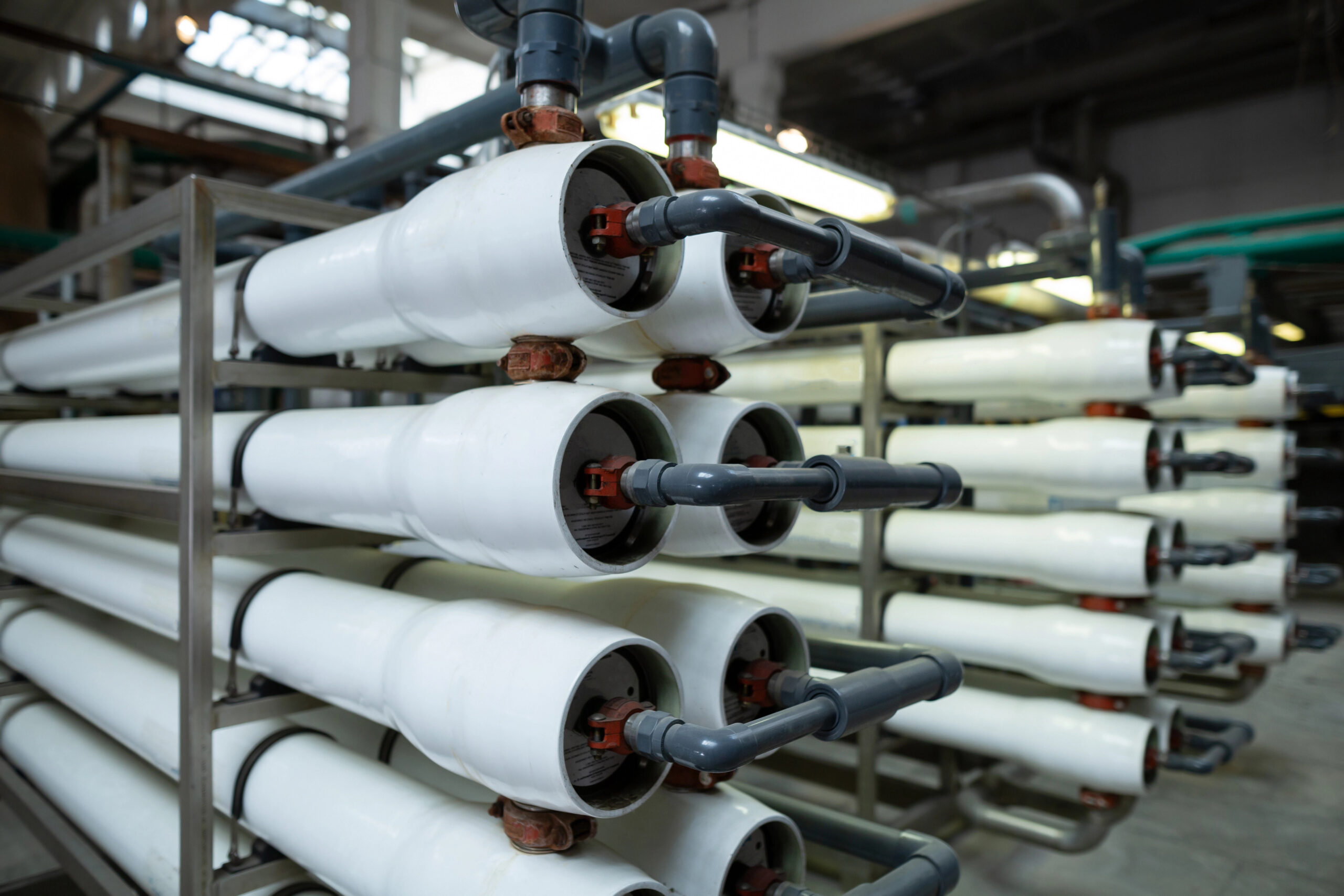 A large industrial set installation of reverse osmosis system and nanofiltration membranes for water treatment.